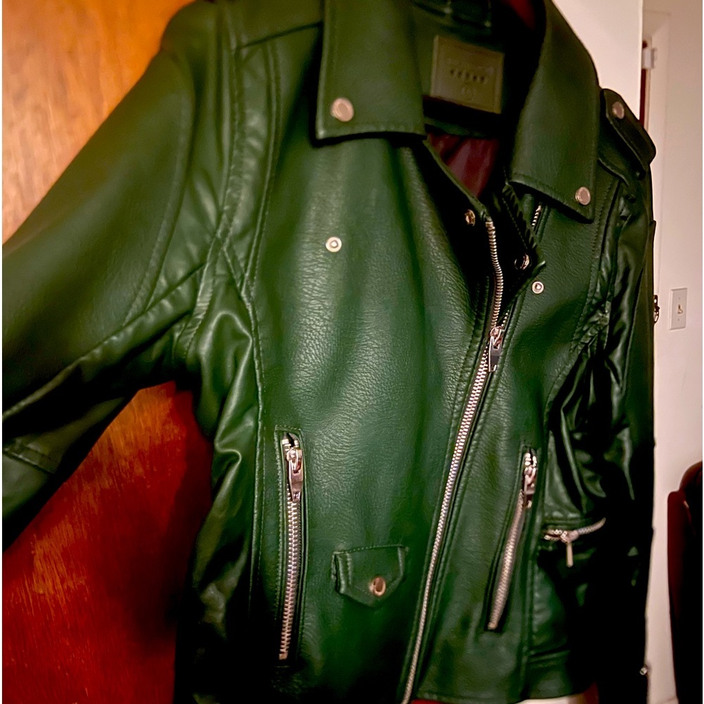 Green faux leather moto jacket